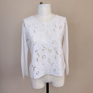 J.JILL LINEN BLEND LASER CUT FLORAL THIN KNIT LONG SLEEVE WHITE SWEATER SZ XSP